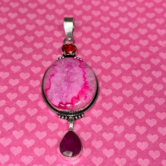 Pink Quartz & Garnet & Ruby Silver Pendant - Picture 3 of 7